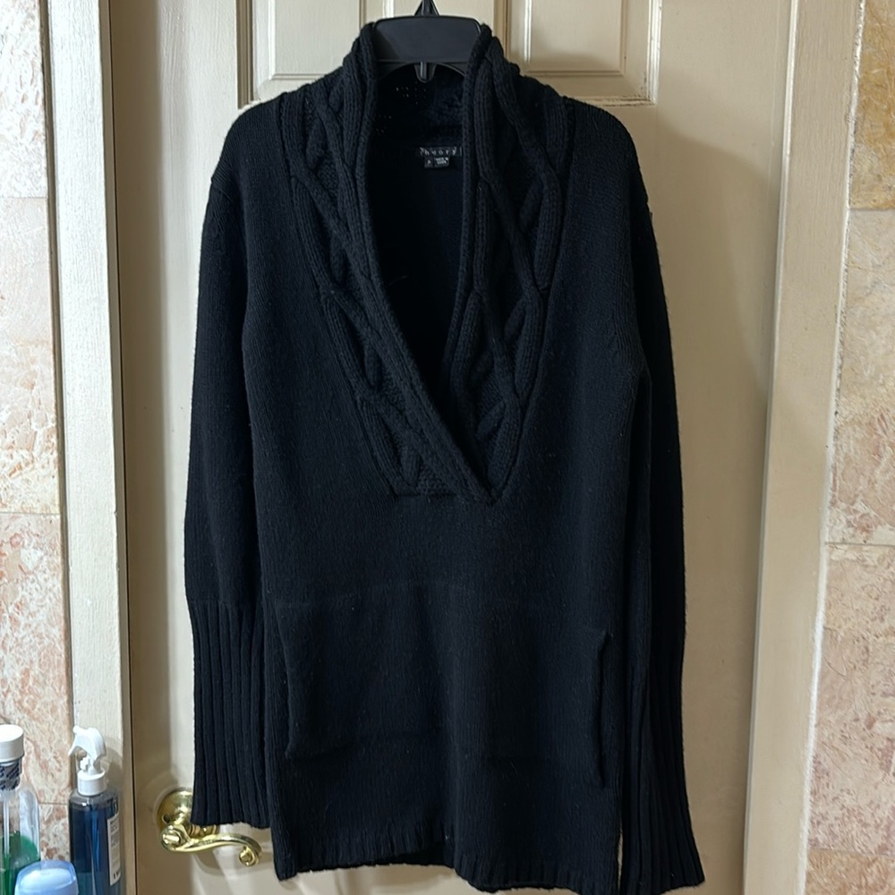 Theory black cashmere shawl cabled v neck sweater